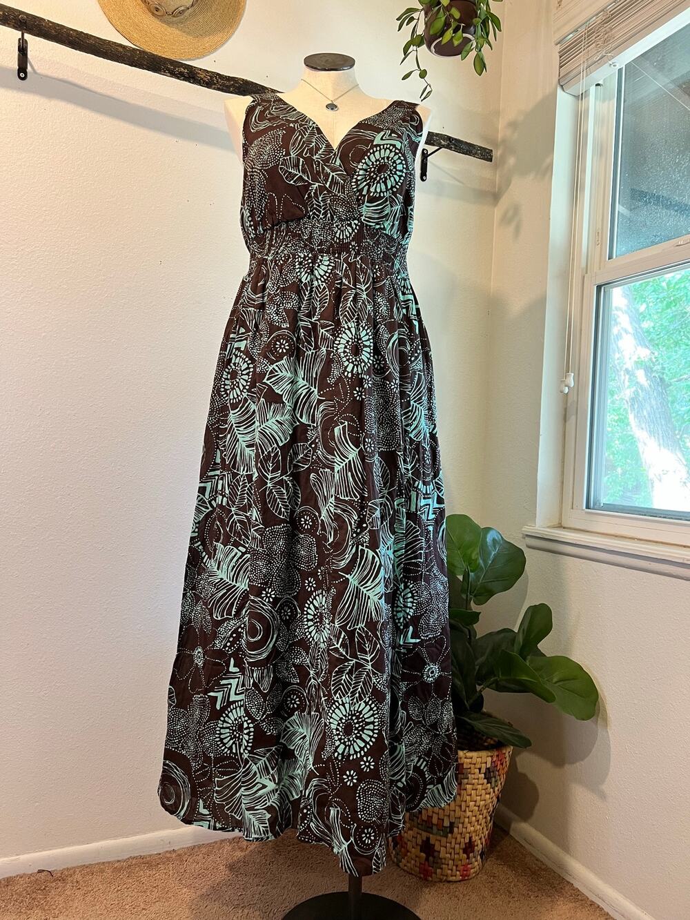 Vasna Desire Cotton Y2K Brown Teal Turquoise Maxi Tank Dress Size 1X